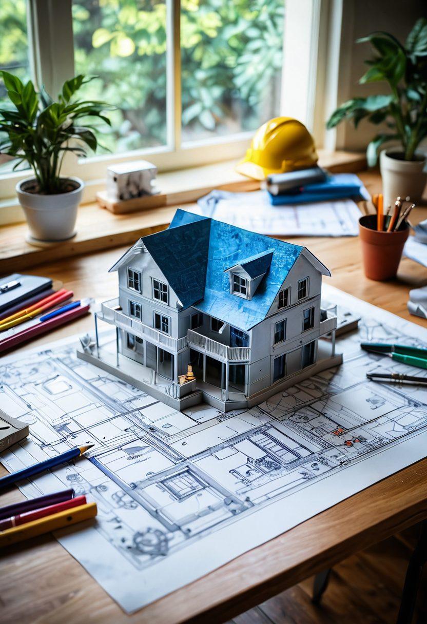 A stunning architectural blueprint sprawled across a designer's desk, featuring unique and modern house designs with colorful sketches of innovative homes. In the background, there are construction tools and materials, suggesting creativity in building. A soft light filters through a window, enhancing the atmosphere of inspiration. Include a couple of potted plants for a touch of nature. super-realistic. vibrant colors.