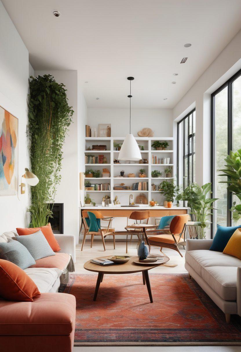 A beautifully designed modern home interior showcasing innovative layouts that cater to diverse lifestyles, featuring open spaces, multi-functional furniture, and natural light pouring in through large windows. The scene includes a cozy reading nook, a stylish kitchen, and a vibrant living area filled with plants and décor that reflects different lifestyles. Soft, inviting colors and a contemporary design aesthetic come together to inspire creativity. super-realistic. vibrant colors. white background.