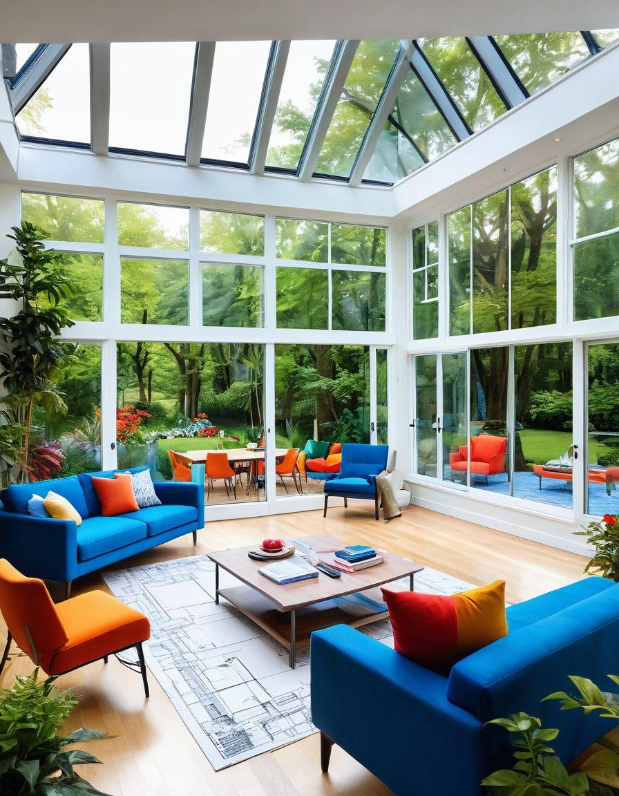 A detailed architectural blueprint overlaid with a vibrant, colorful rendering of a stunning modern living space, showcasing open layouts, large windows, and creative design elements. Include tools like a compass and ruler scattered around. In the background, hints of a lush garden visible through the windows symbolize harmony with nature. super-realistic. vibrant colors. white background.